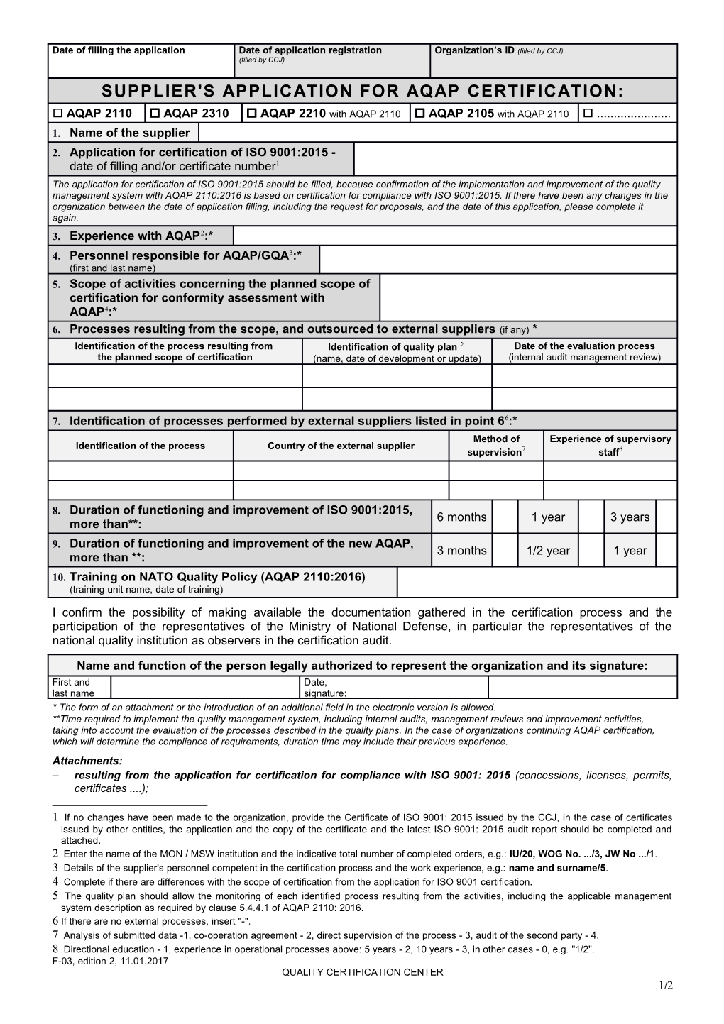 Supplier's Application for Aqap Certification