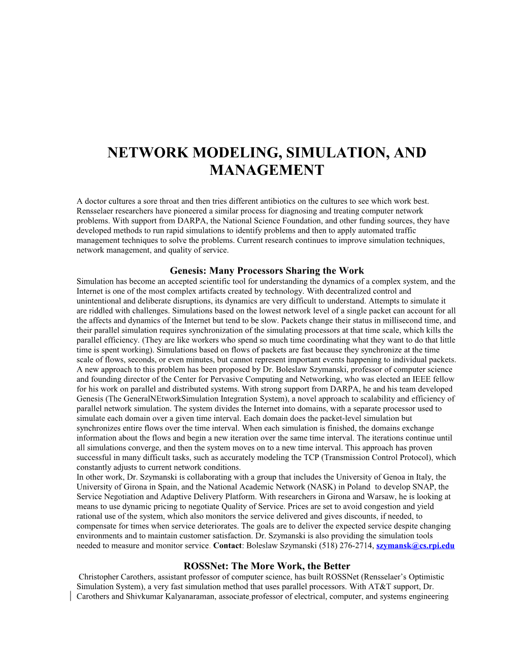 Network Modeling, Simulation, and Management