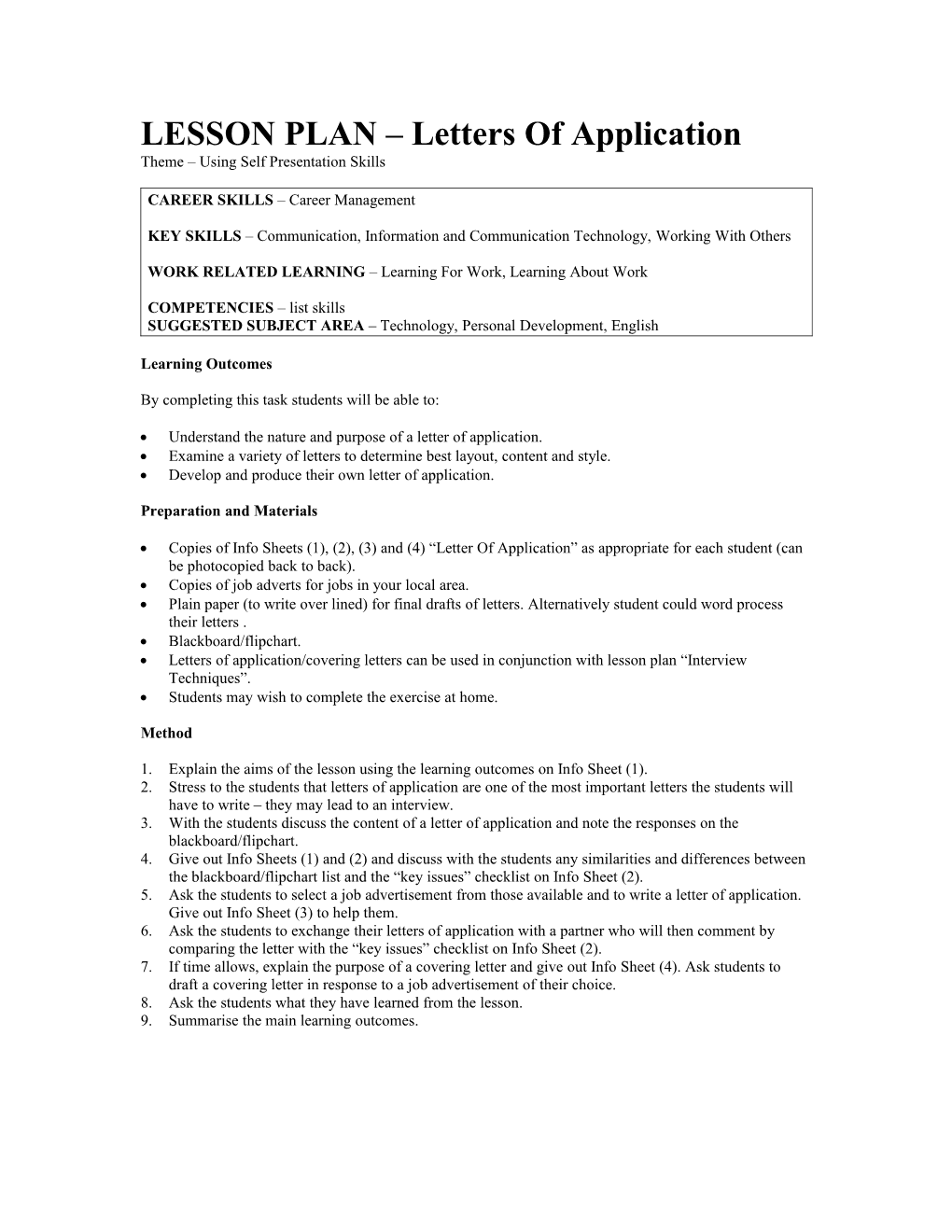 LESSON PLAN Letters of Application