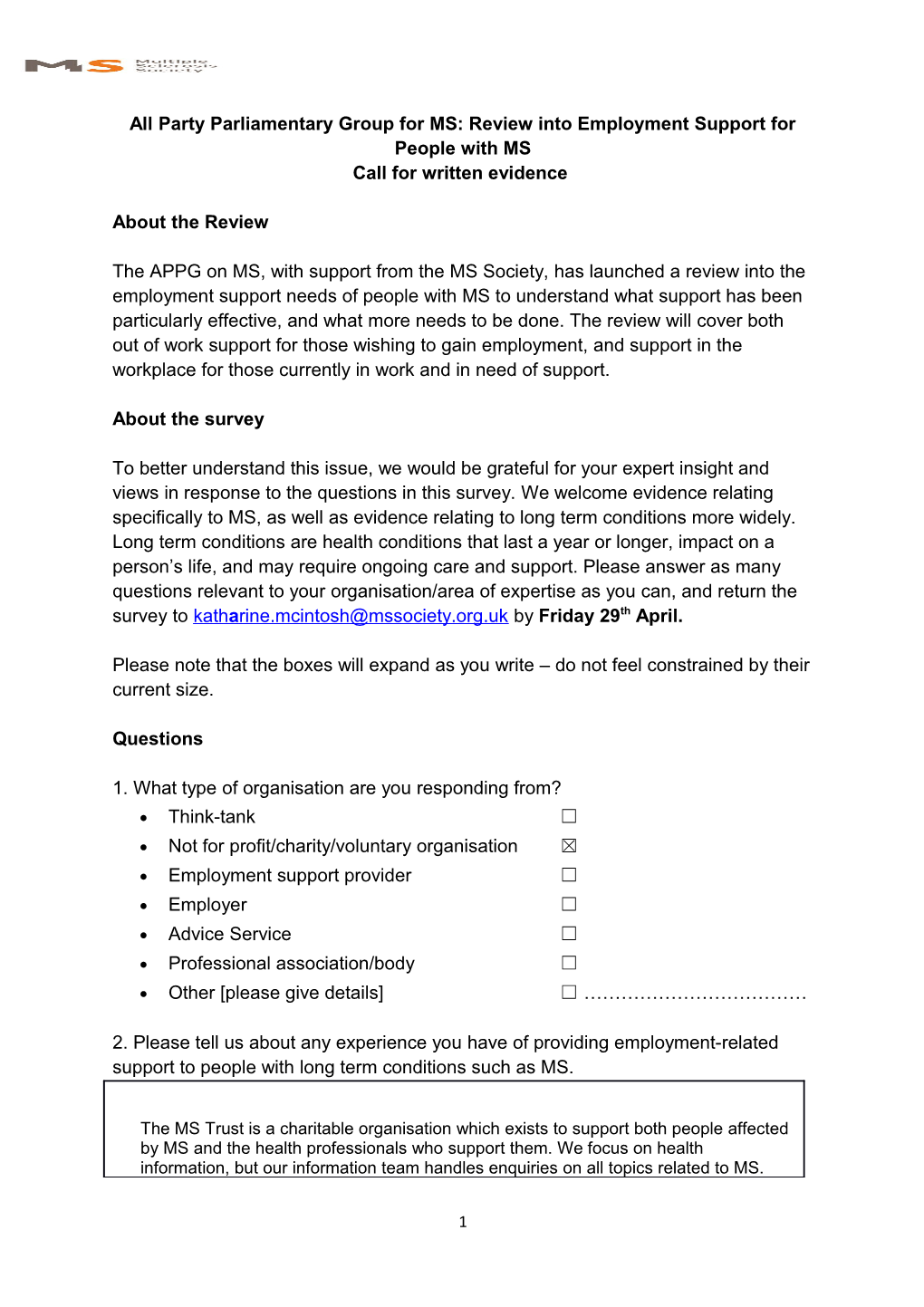 All Party Parliamentary Group for MS: Review Into Employment Support for People with MS