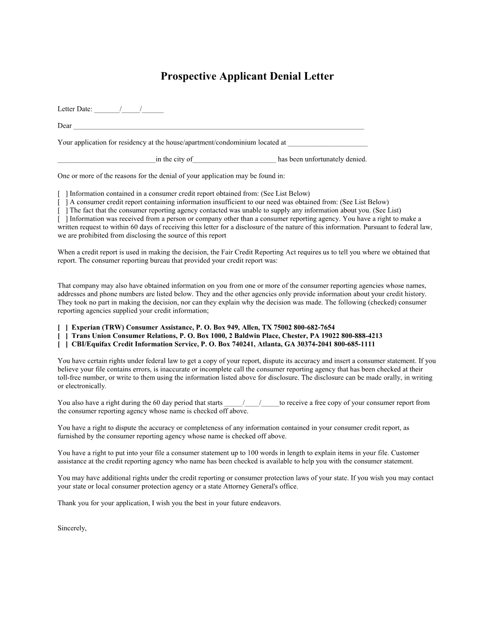Prospective Applicant Denial Letter