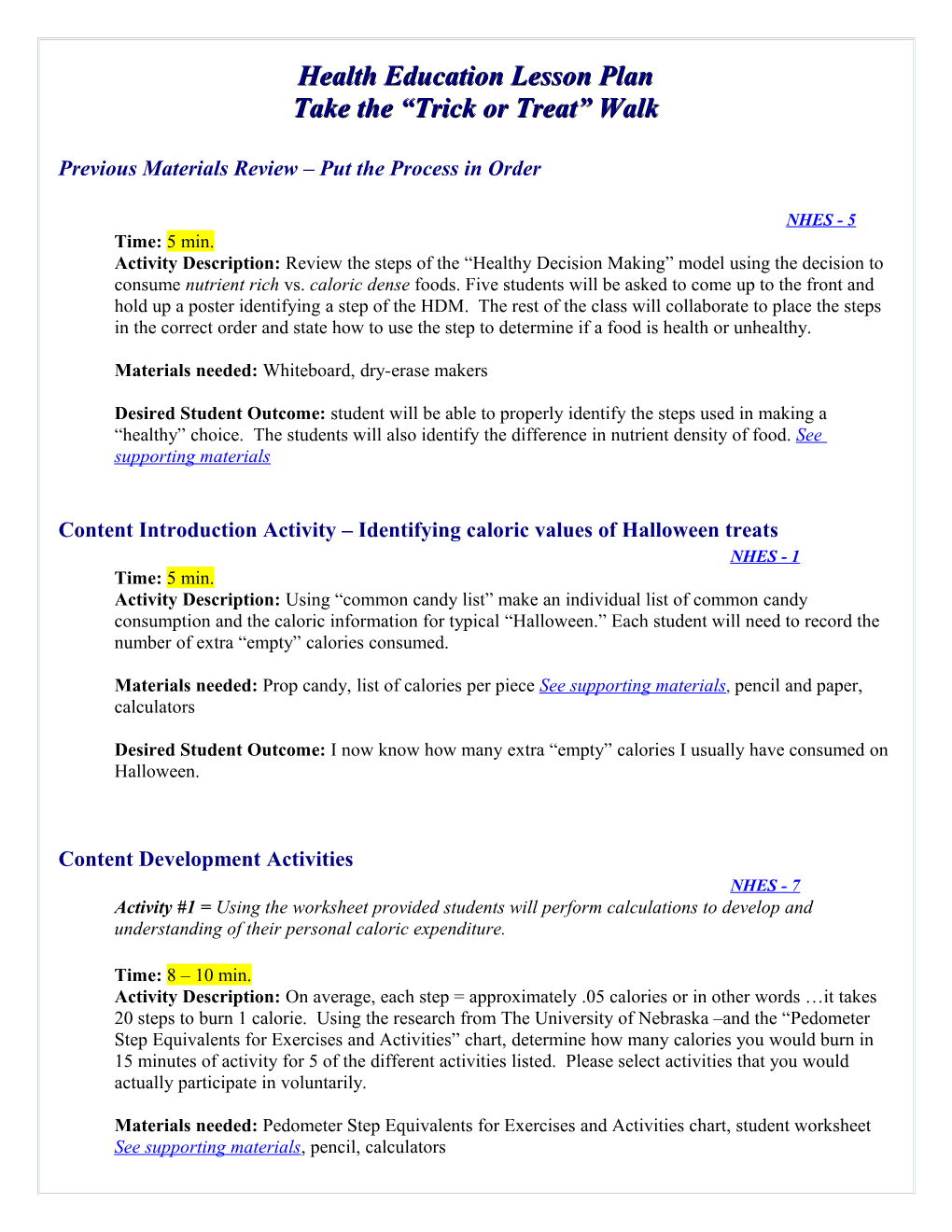 Lesson Plan - Pedometers