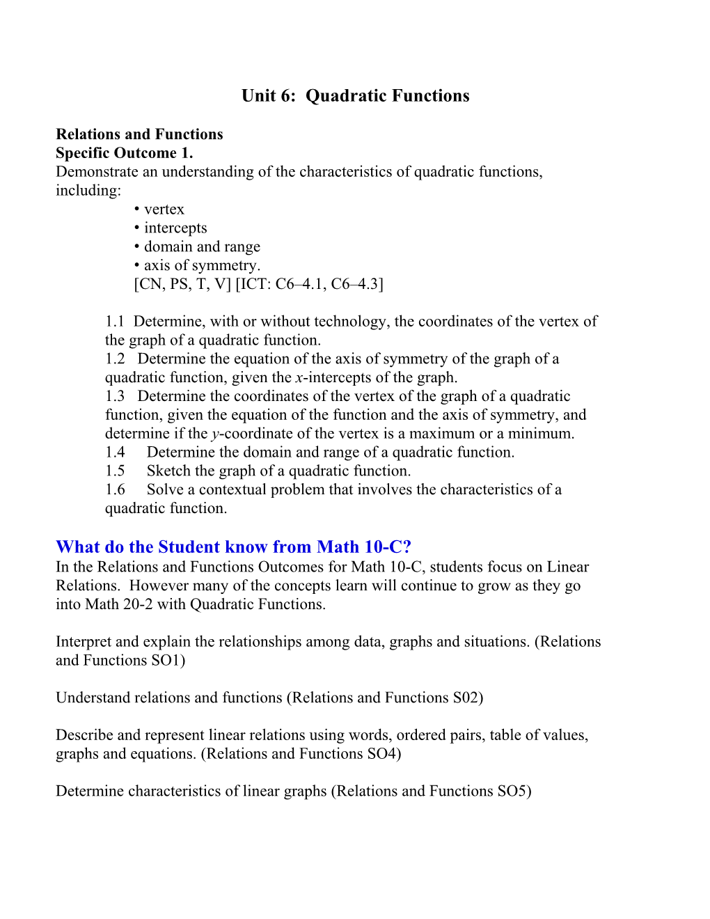 Unit 6: Quadratic Functions