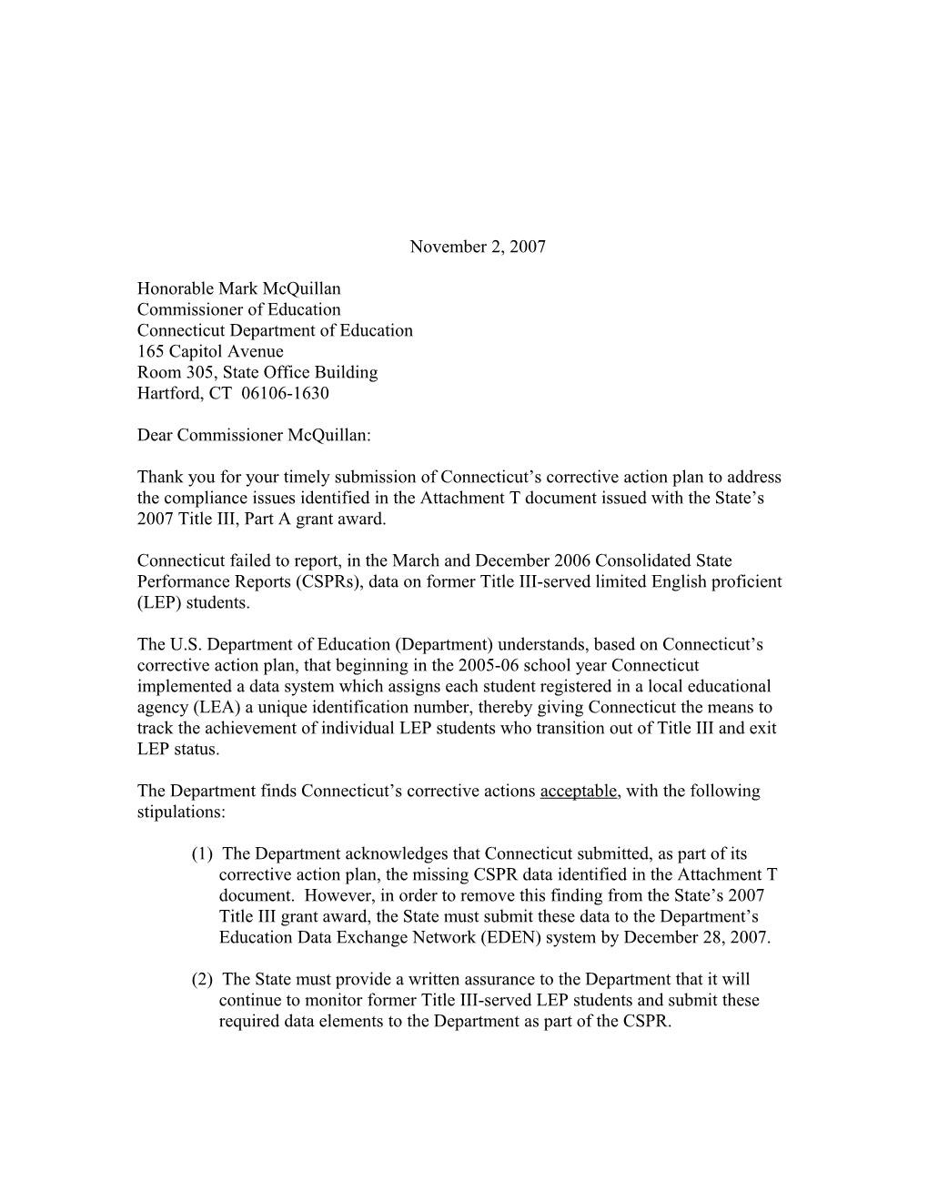 Letter Regarding the Title III, Part a Grant Award Made to Connecticut MS Word