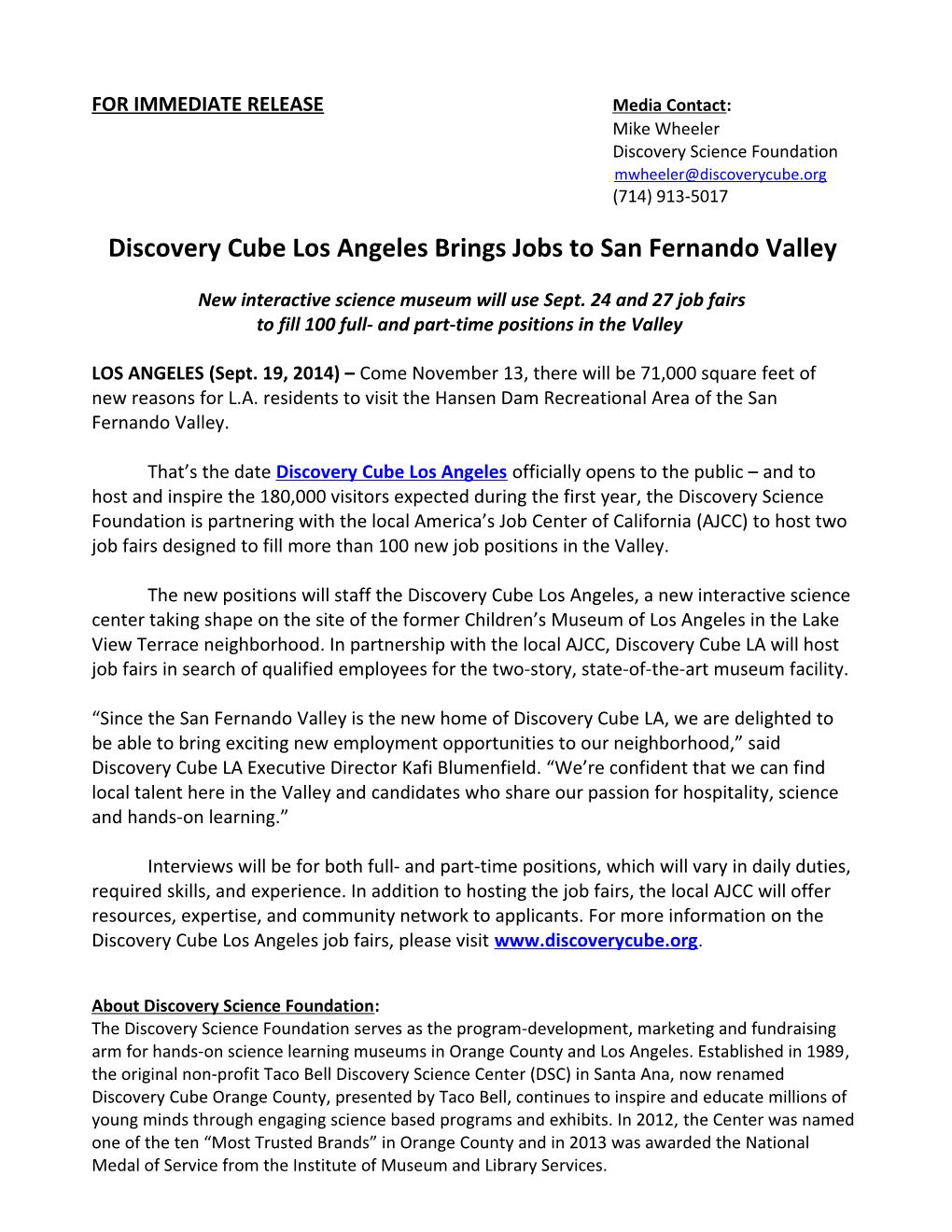 Discovery Cube LA Brings Jobs to San Fernando Valley