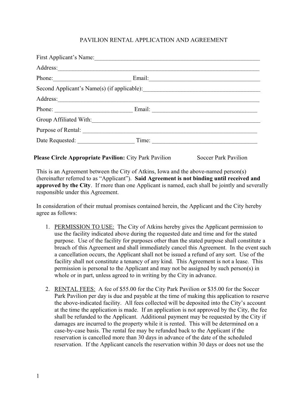 Pavilion Rental Application and Agreement