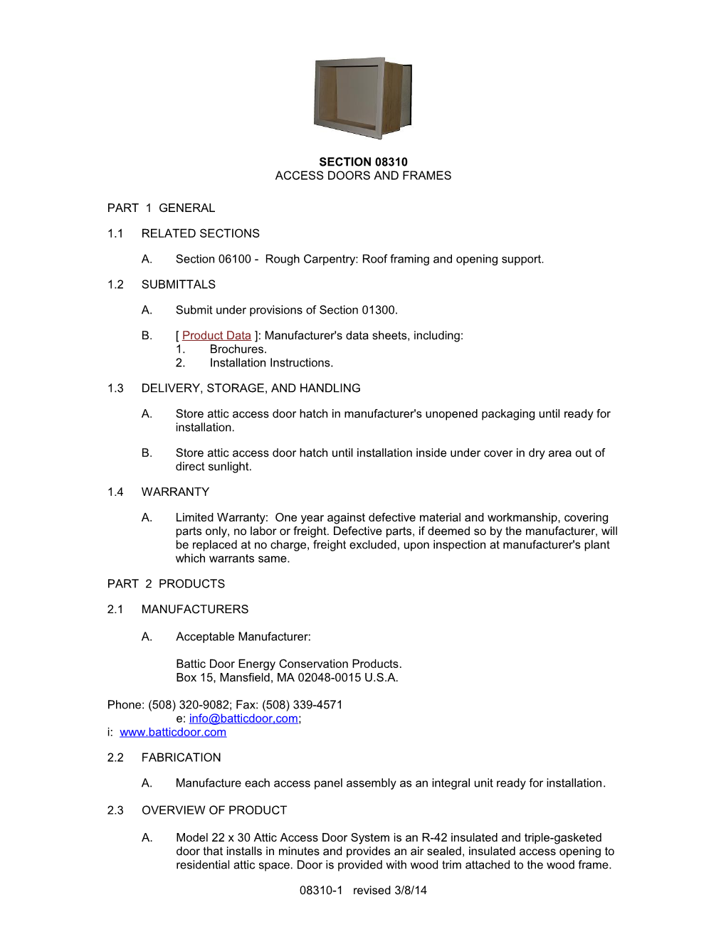 Attic Access Door CSI Specifications Section 08310