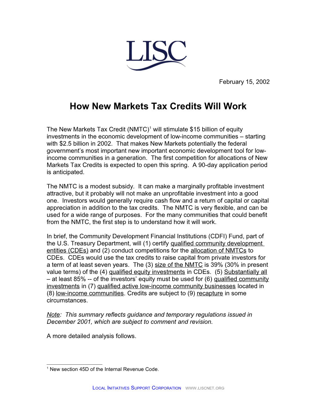 How New Markets Tax Credits Would Work