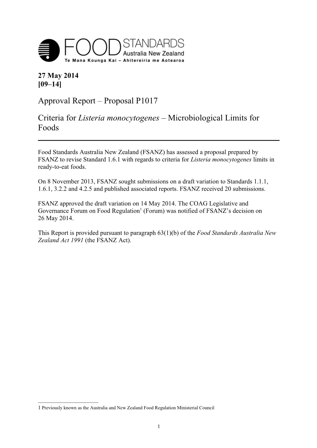 Criteria for Listeria Monocytogenes Microbiological Limits for Foods