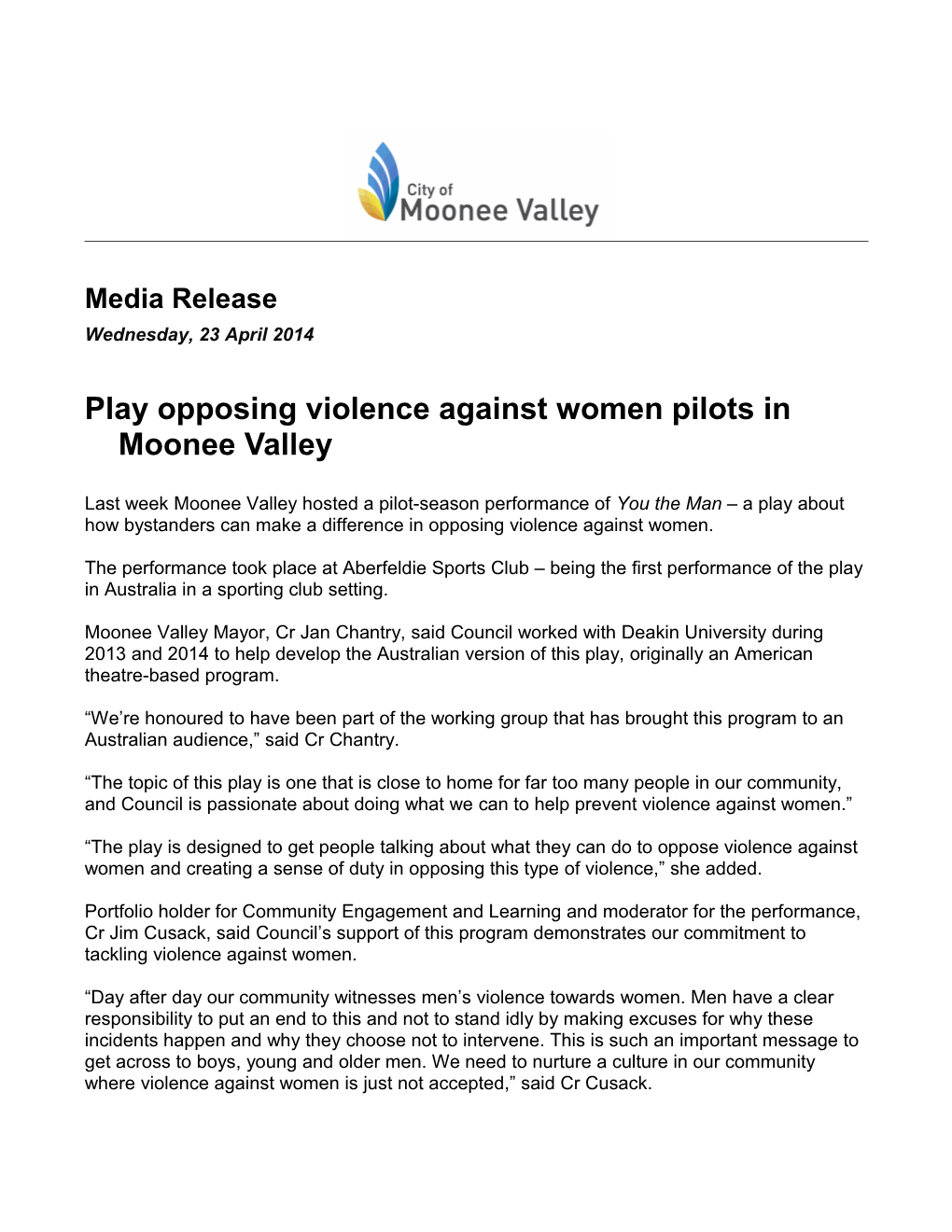 Play Opposing Violence Against Women Pilots in Moonee Valley