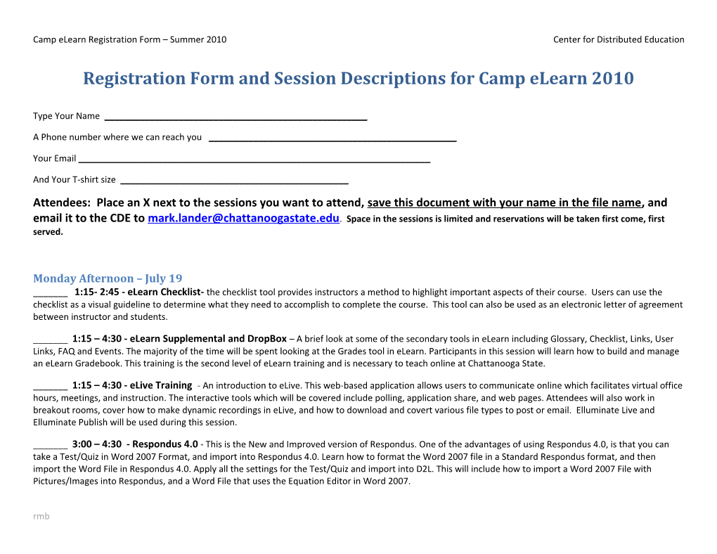 Registration Form and Session Descriptions for Camp Elearn 2010