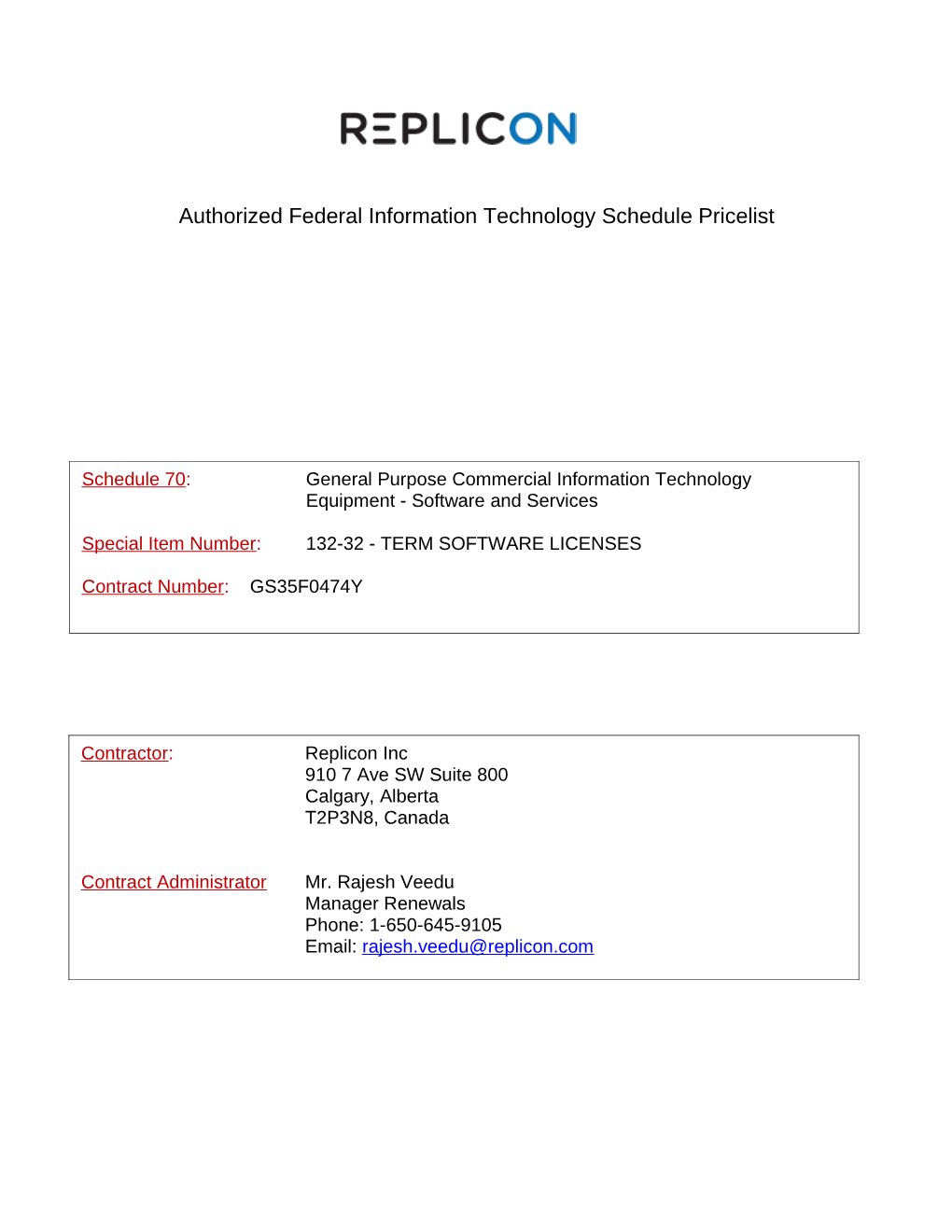 Authorized Federal Information Technology Schedule Pricelist