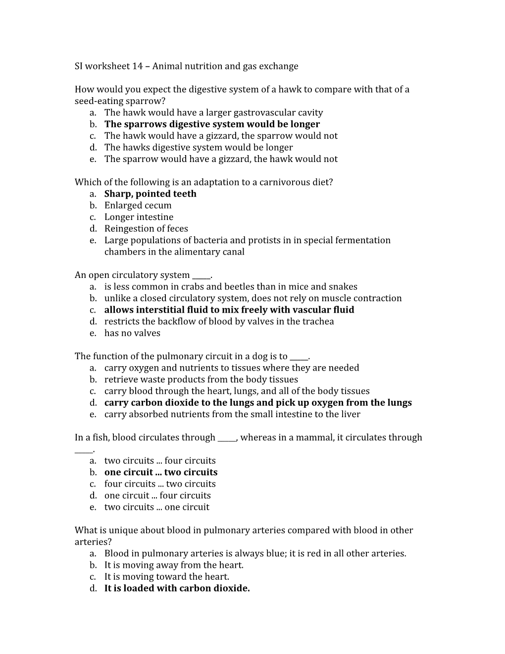 SI Worksheet 14 Animal Nutrition and Gas Exchange