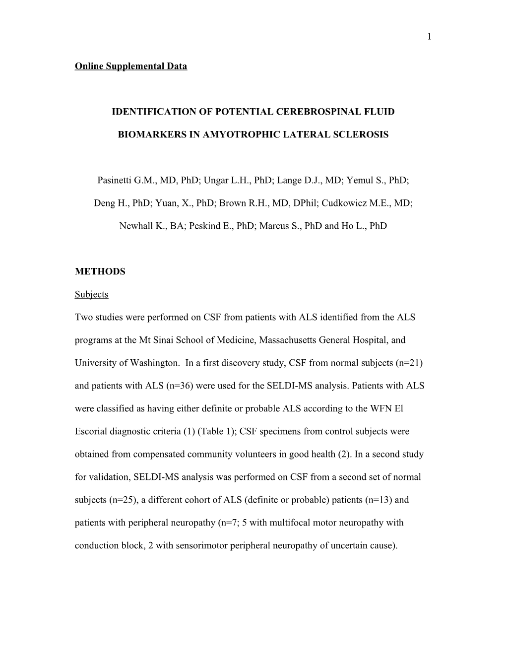 Identification of POTENTIAL Cerebrospinal Fluid