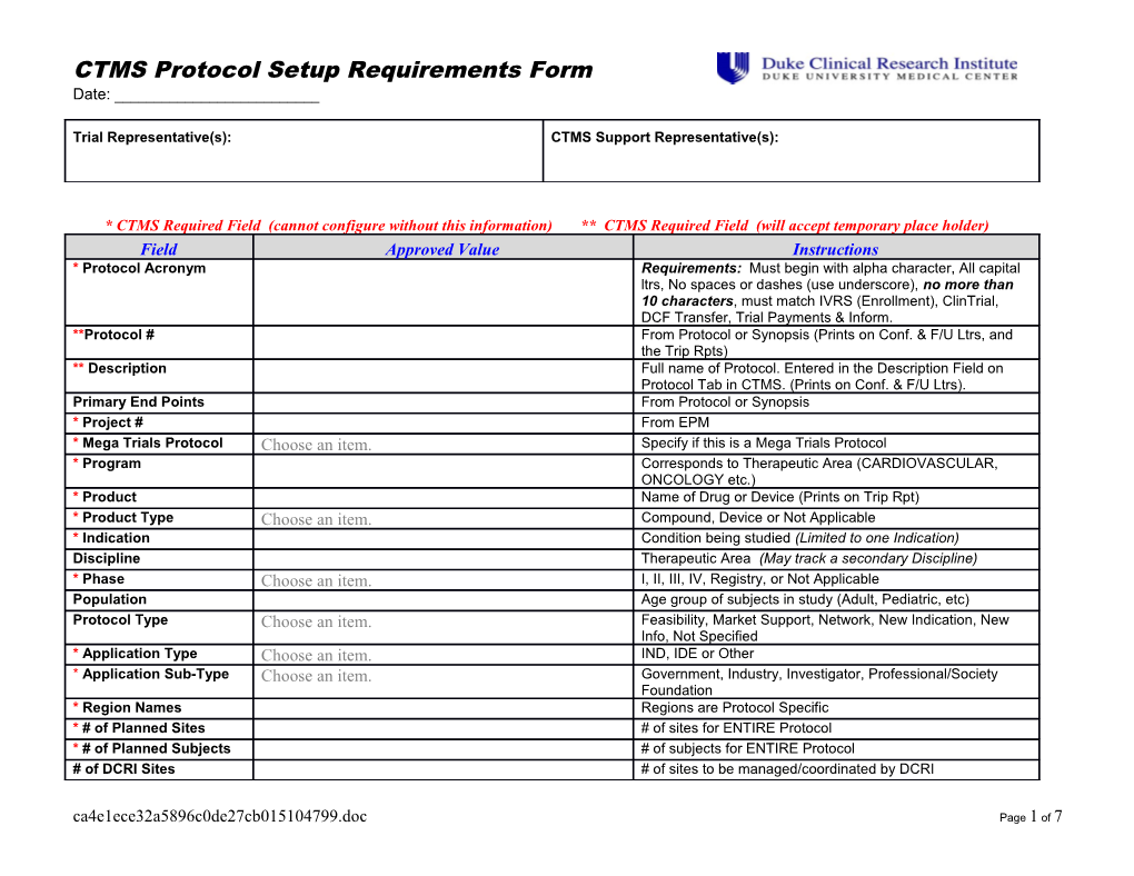 CTMS Protocol Setup Requirements Form