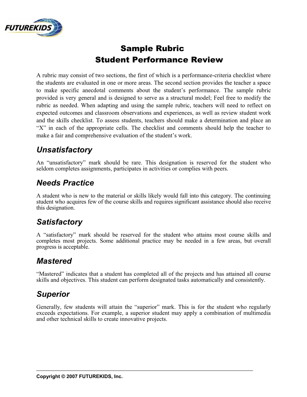 Sample Rubric Student Performance Review