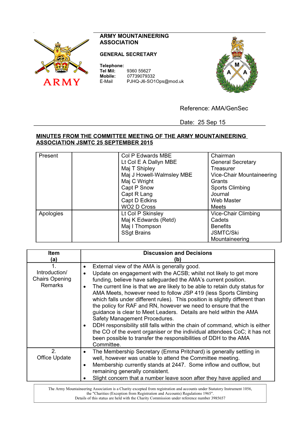 Minutes from the Committee Meeting of the Army Mountaineering Association Jsmtc 25 September