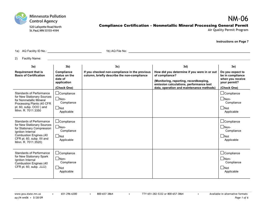 NM-06 Compliance Certification - Nonmetallic Mineral Processing General Permit, Air Quality