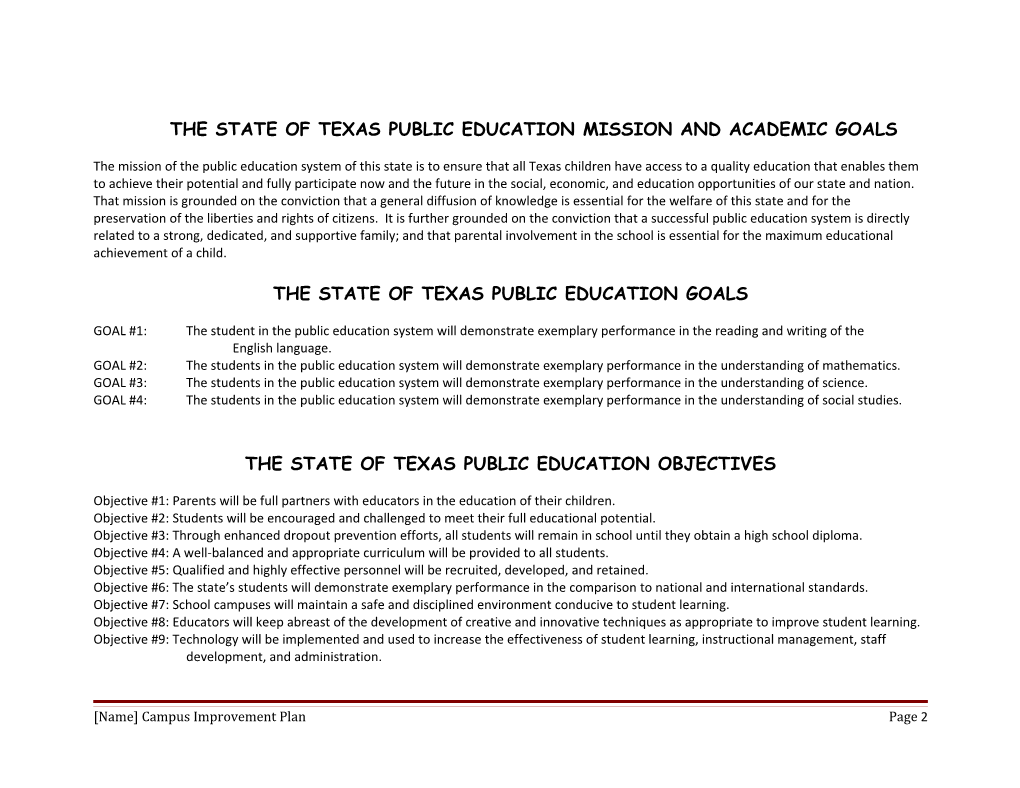 The State of Texas Public Education Mission and Academic Goals