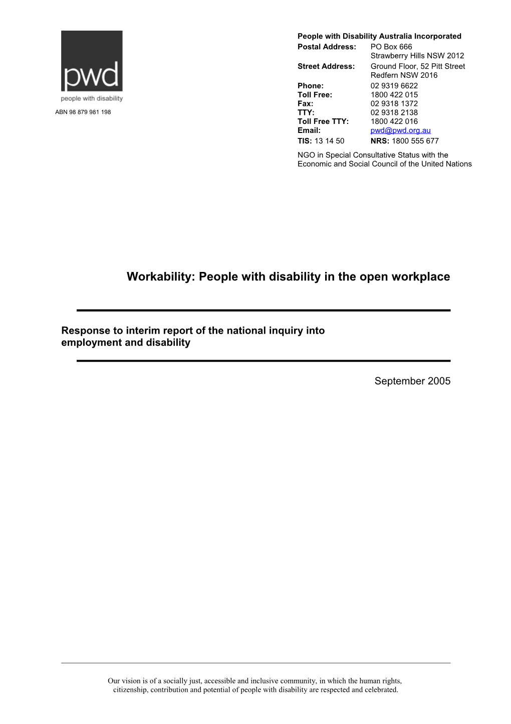 Workability: People with Disability in the Open Workplace