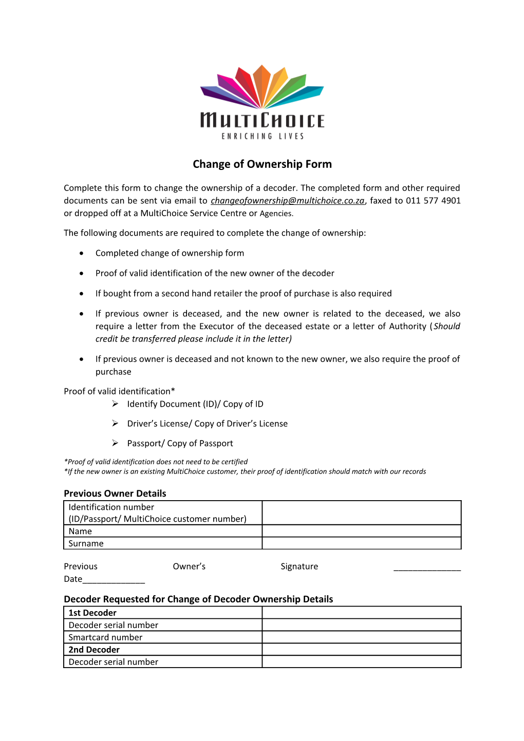 Change Ofownership Form