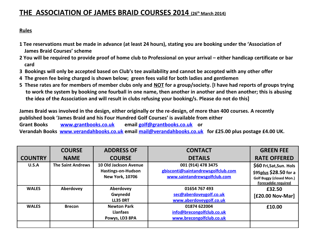 THE ASSOCIATION of JAMES BRAID COURSES 2014(26Th March 2014)