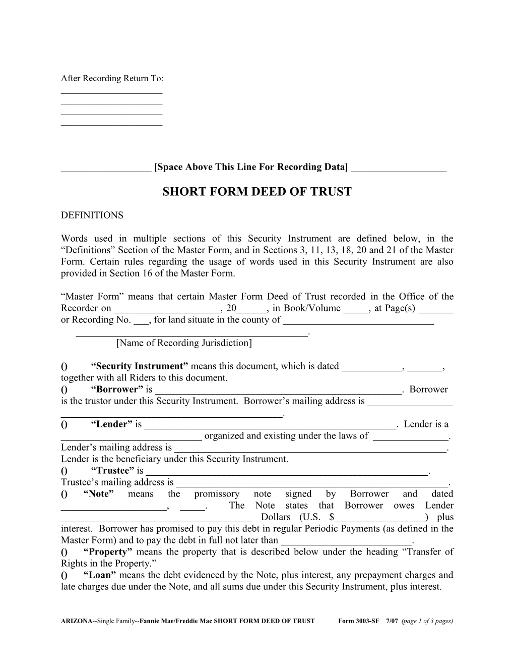 Arizona Security Instrument (Form 3003Sf): Word