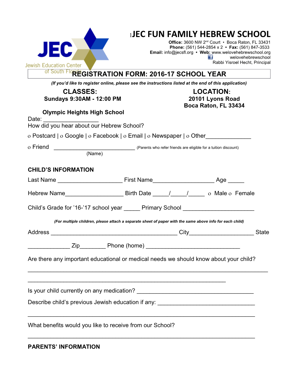 Jecsfl Hebrew School Registration Form