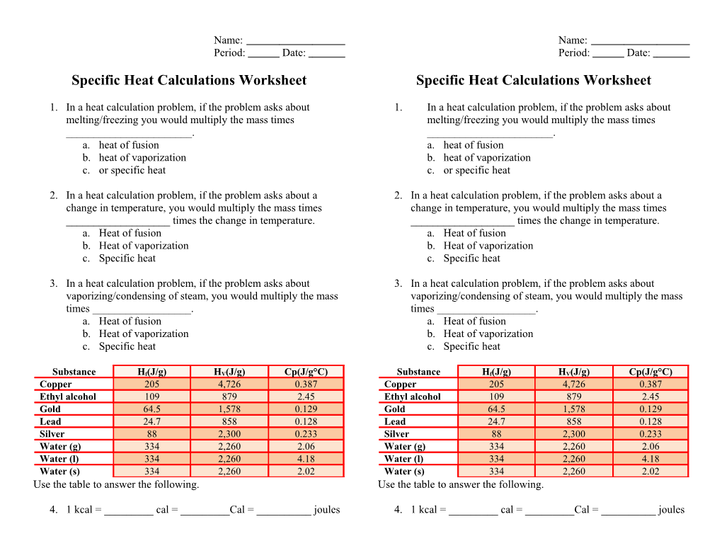 Heat Calculations Worksheet