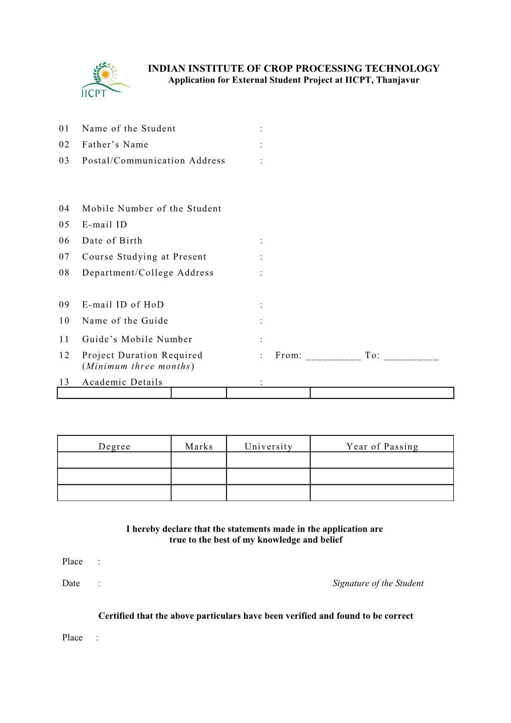 Application for Externalstudent Project at IICPT, Thanjavur