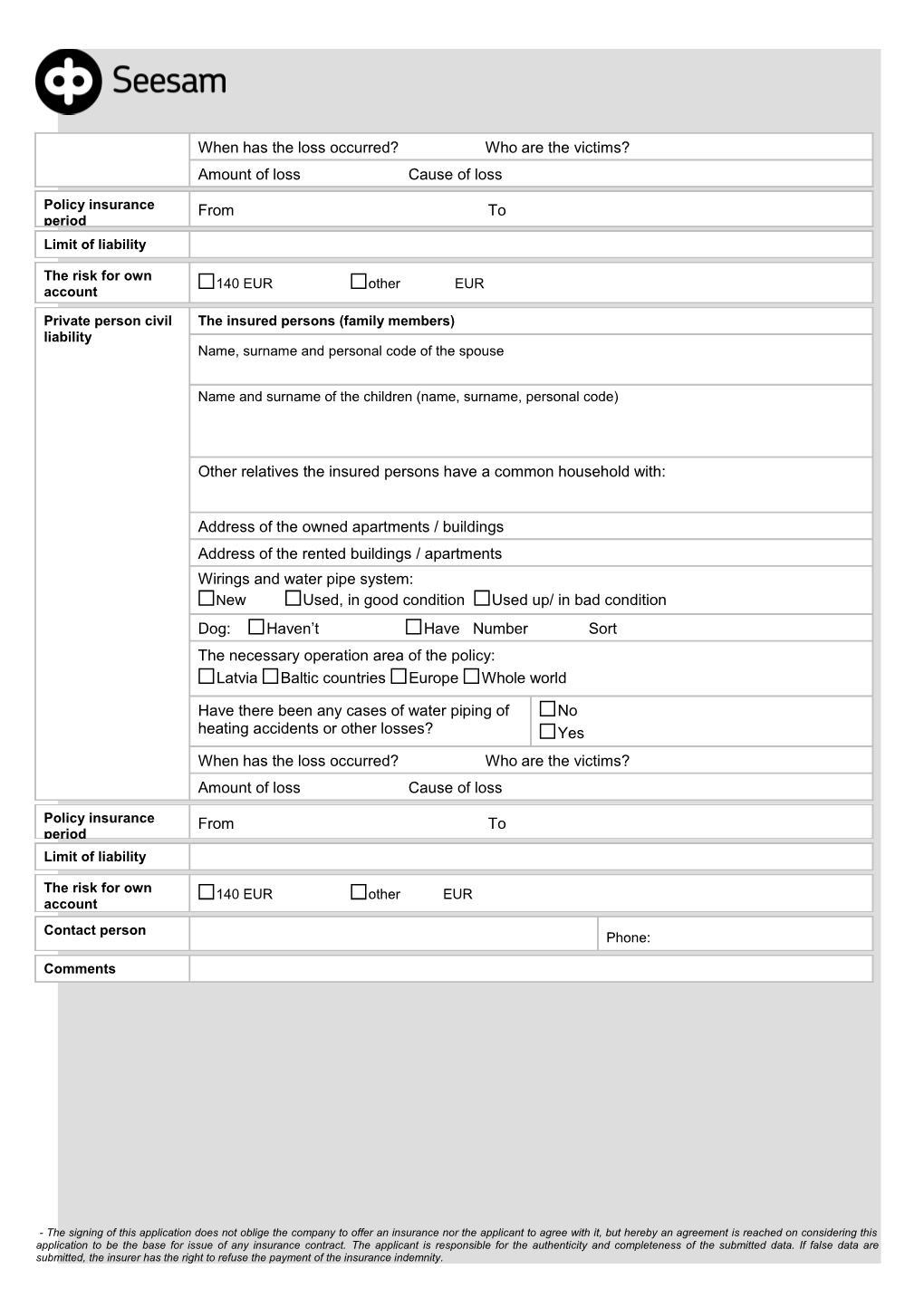 Application for Physical Person Civil Liability Insurance 1