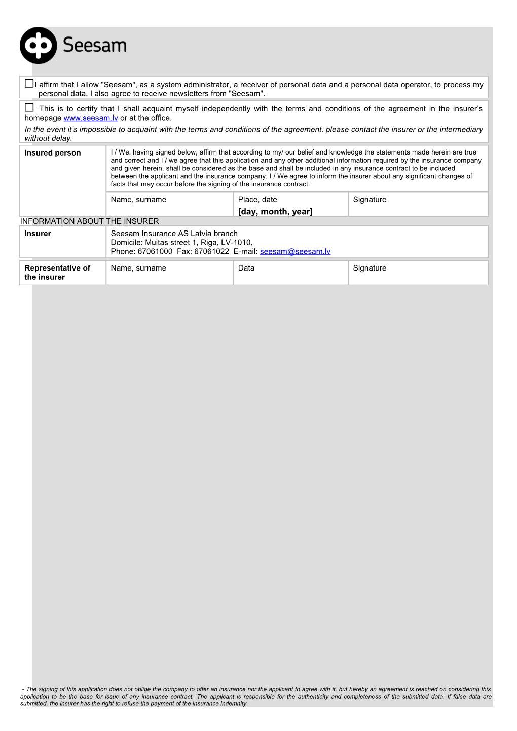 Application for Physical Person Civil Liability Insurance 1