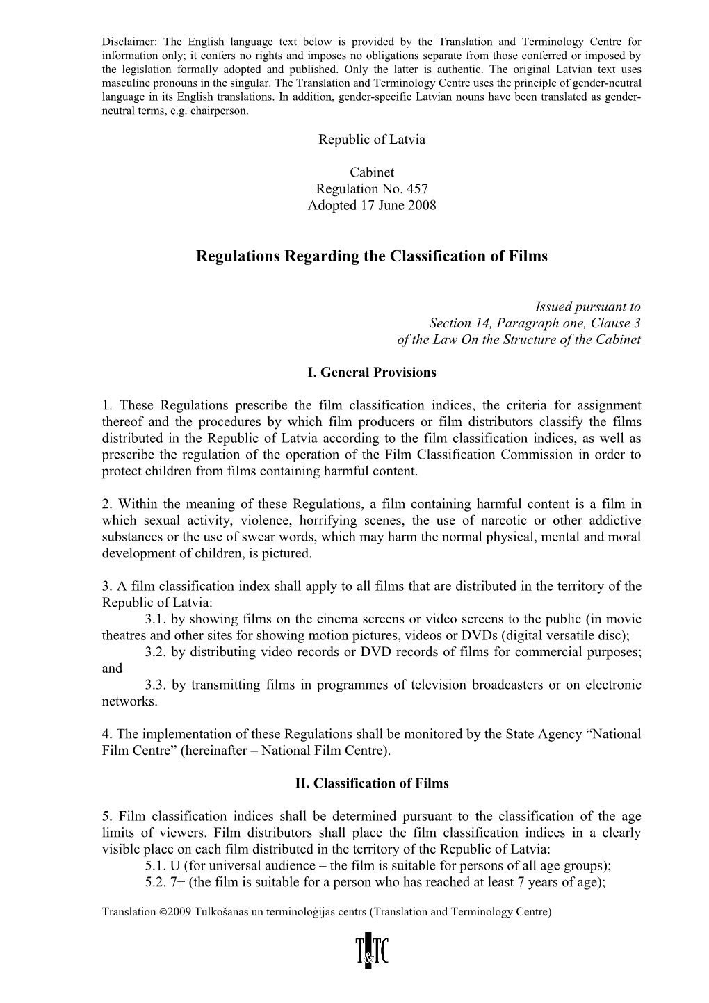 Regulations Regarding the Classification of Films