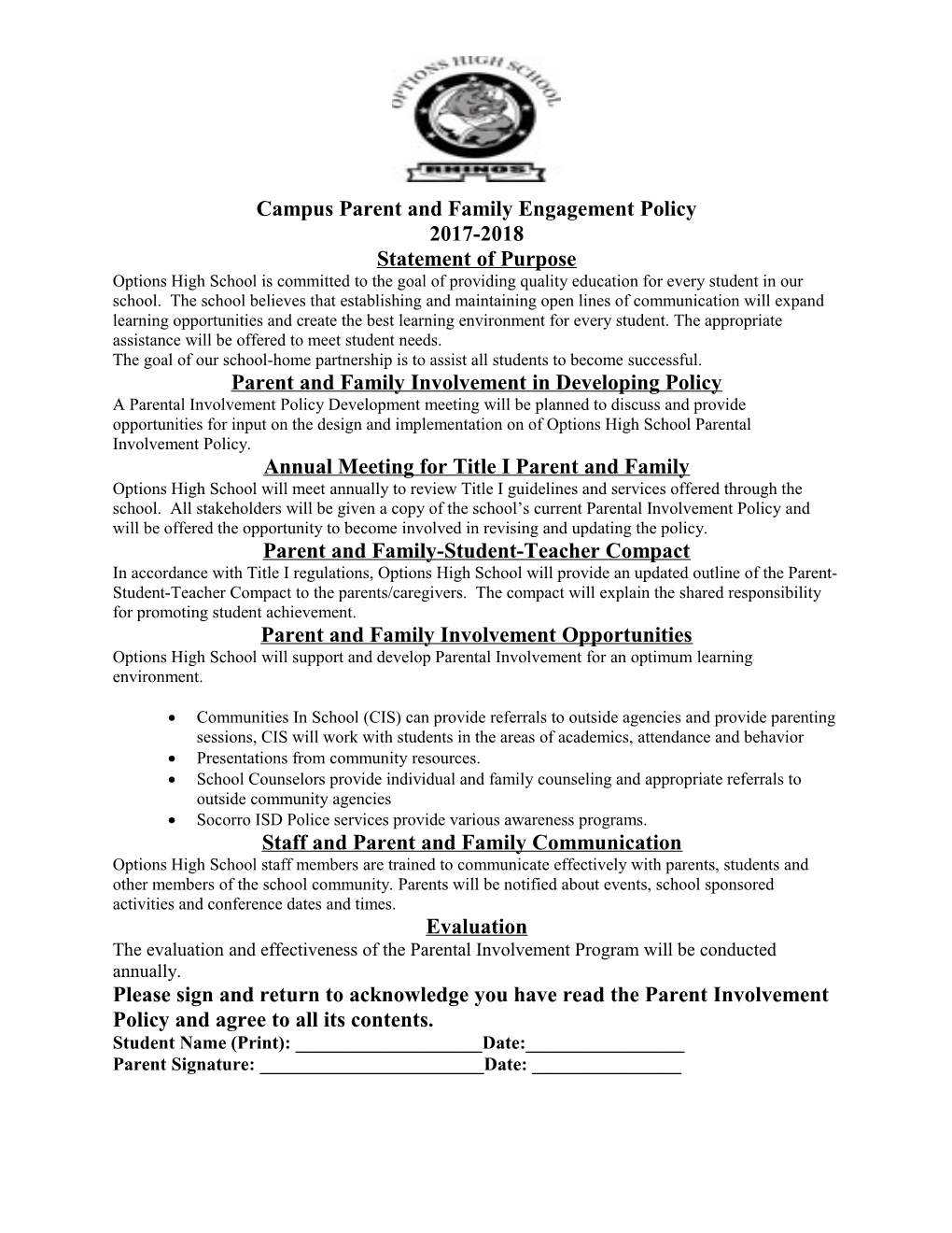 Campus Parent and Family Engagement Policy