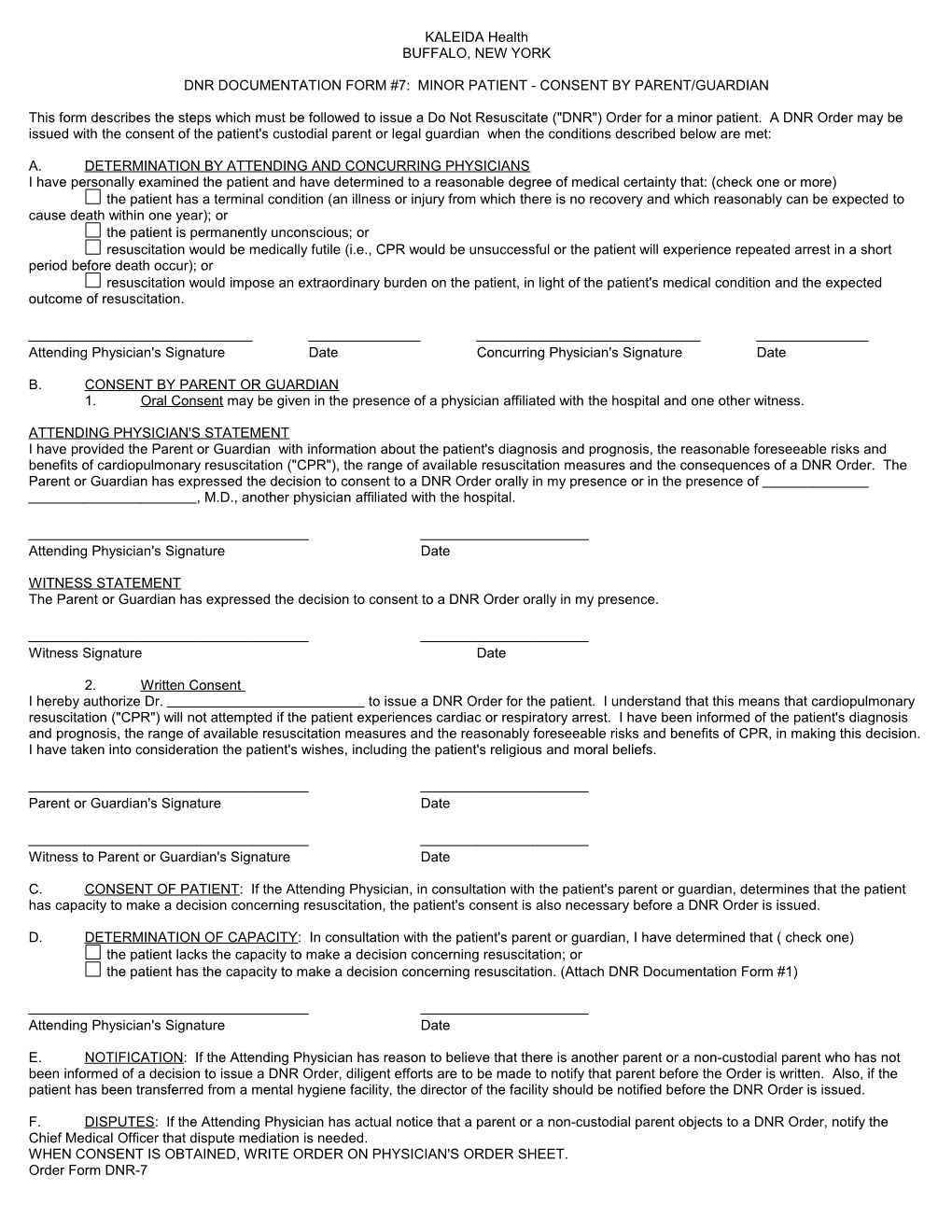 Dnr Documentation Form #7: Minor Patient - Consent by Parent/Guardian