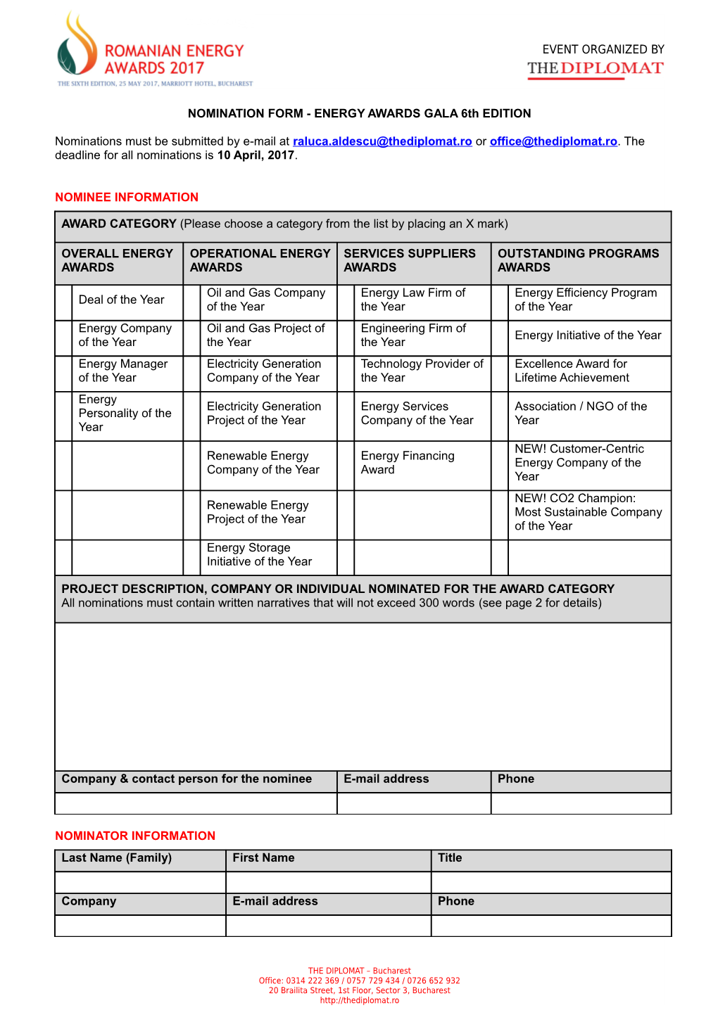 NOMINATION FORM - ENERGY AWARDS GALA 6Th EDITION