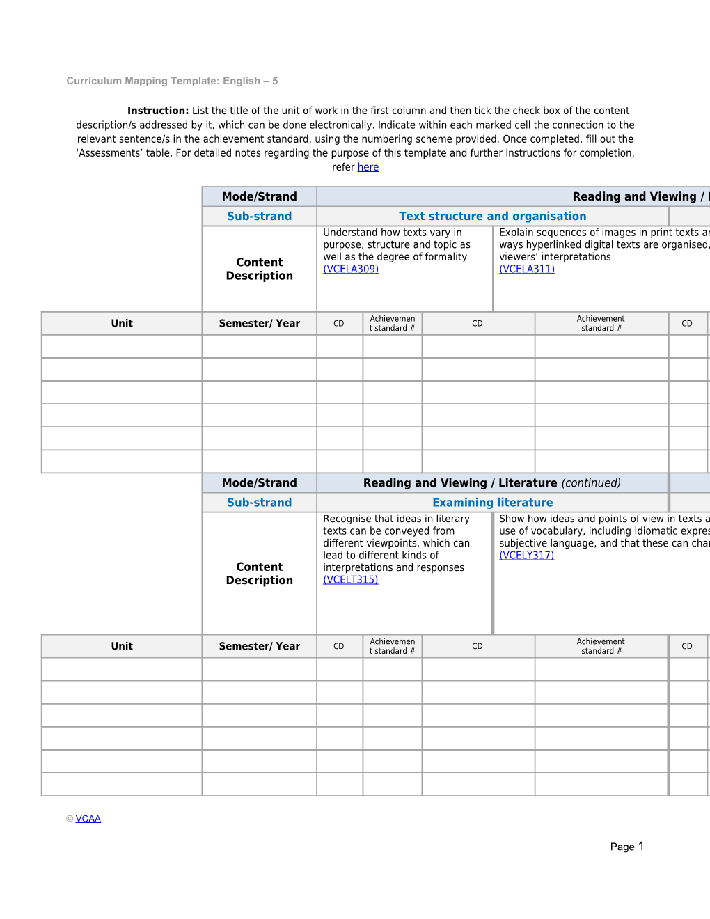 Curriculum Mapping Template: English 5