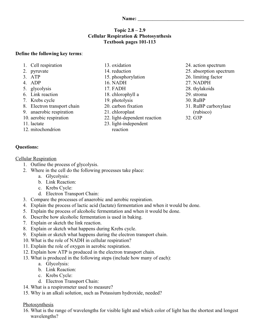 Cellular Respiration Study Guide