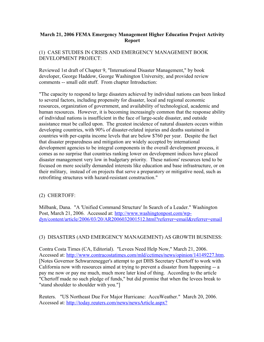 March 21, 2006 FEMA Emergency Management Higher Education Project Activity Report