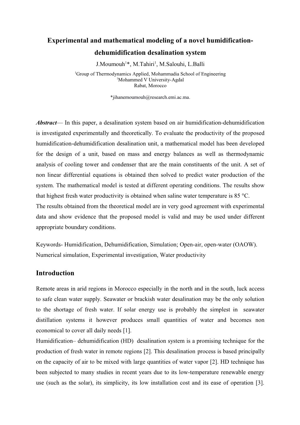 Experimental and Mathematical Modeling of a Novel Humidification-Dehumidification Desalination