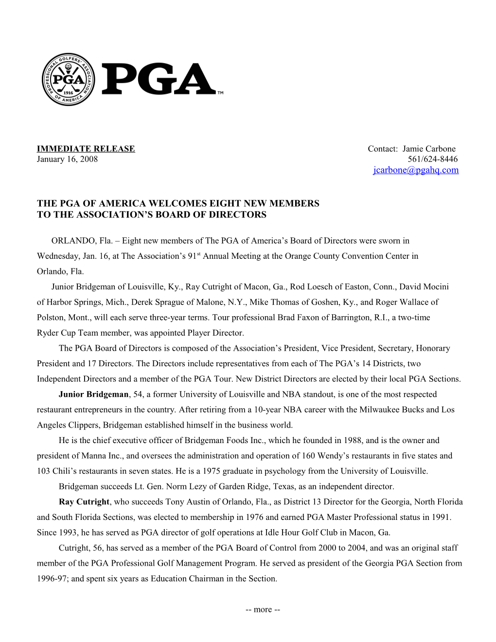 The Pga of America Welcomes Eight New Members