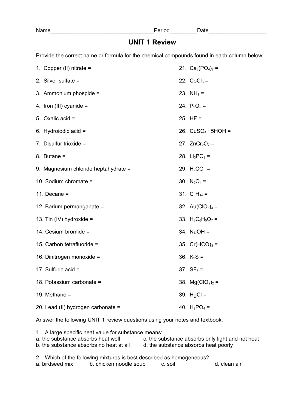 Chapter 7 Review WS