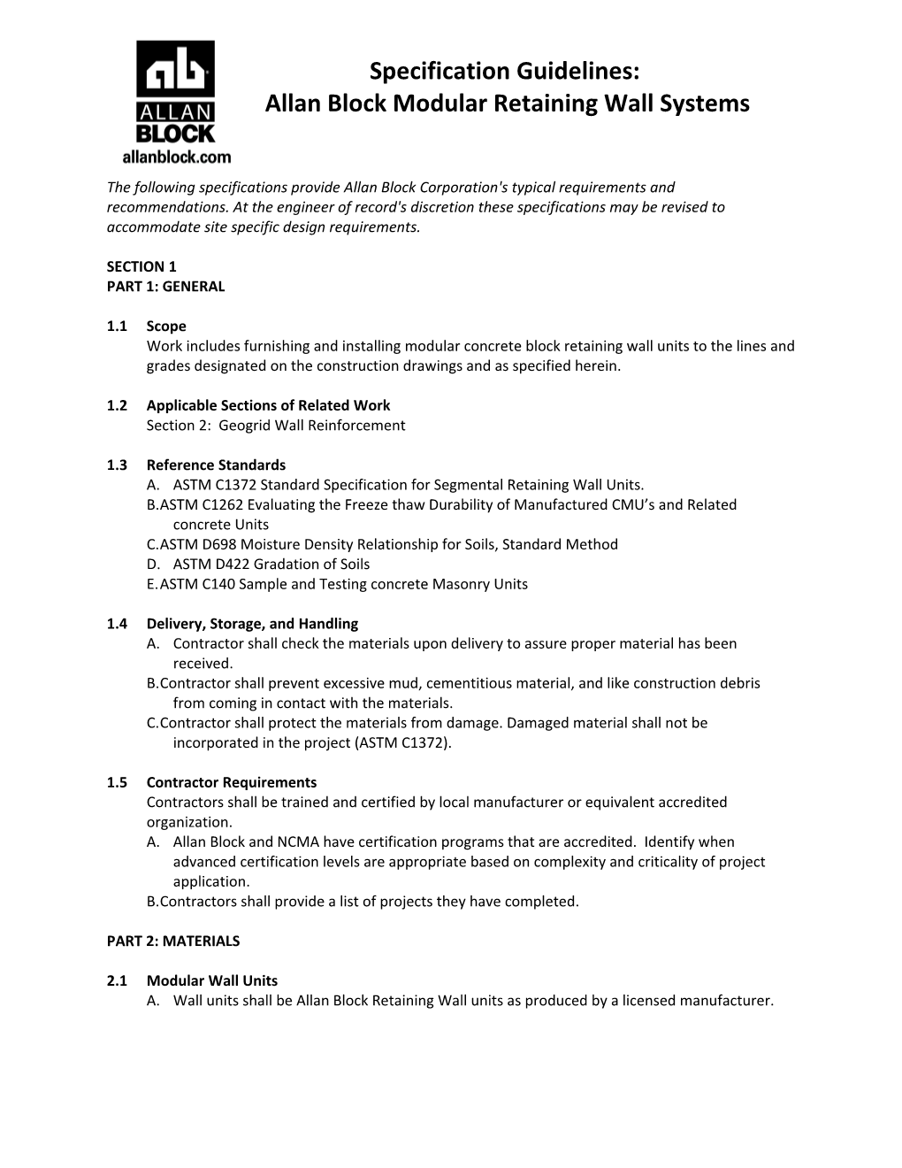 Specification Guidelines: Allan Block Modular Retaining Wall Systems