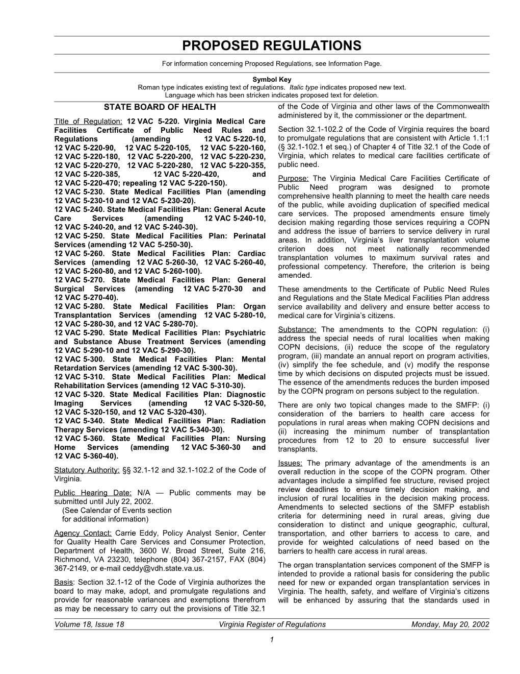 12 VAC 5-230. State Medical Facilities Plan (Amending 12 VAC 5 230 10 and 12 VAC 5 230 20)