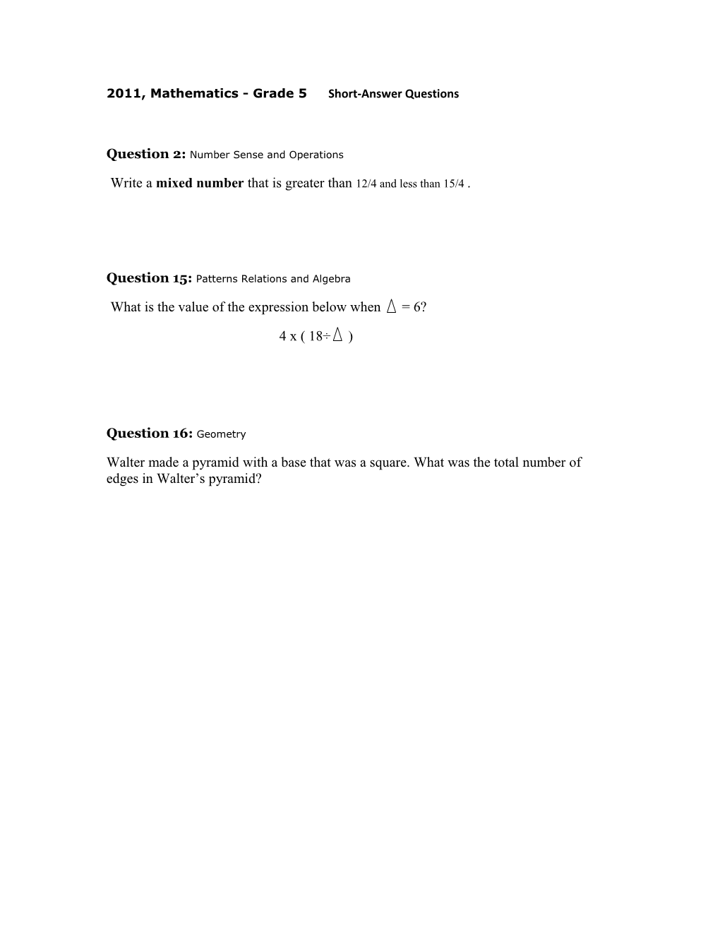 2011, Mathematics - Grade 5 Short-Answer Questions