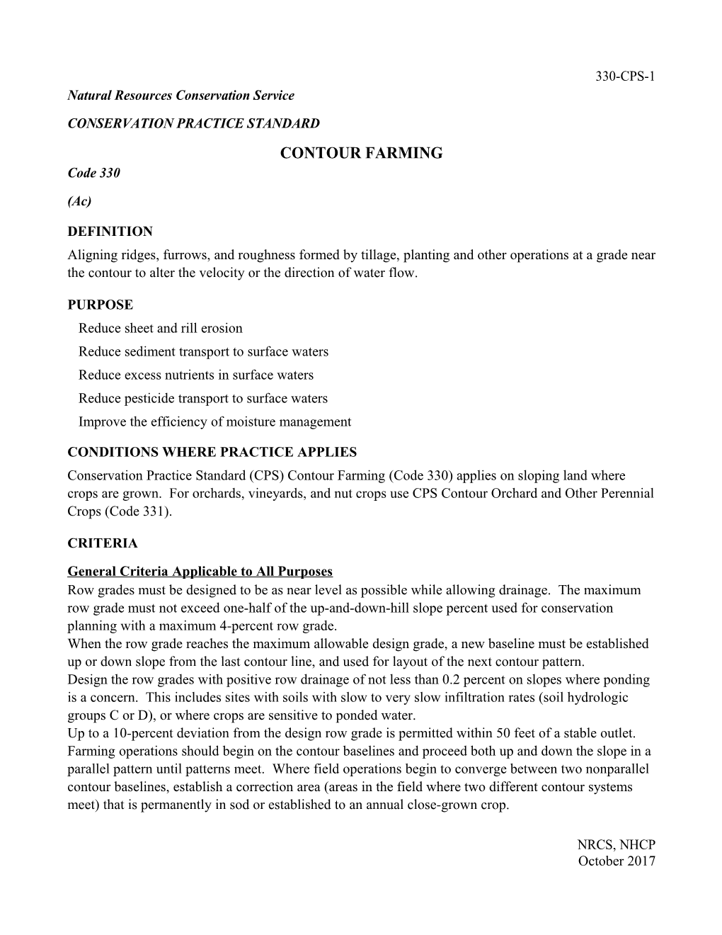 Conservation Practice Standard Contour Farming (Code 330)