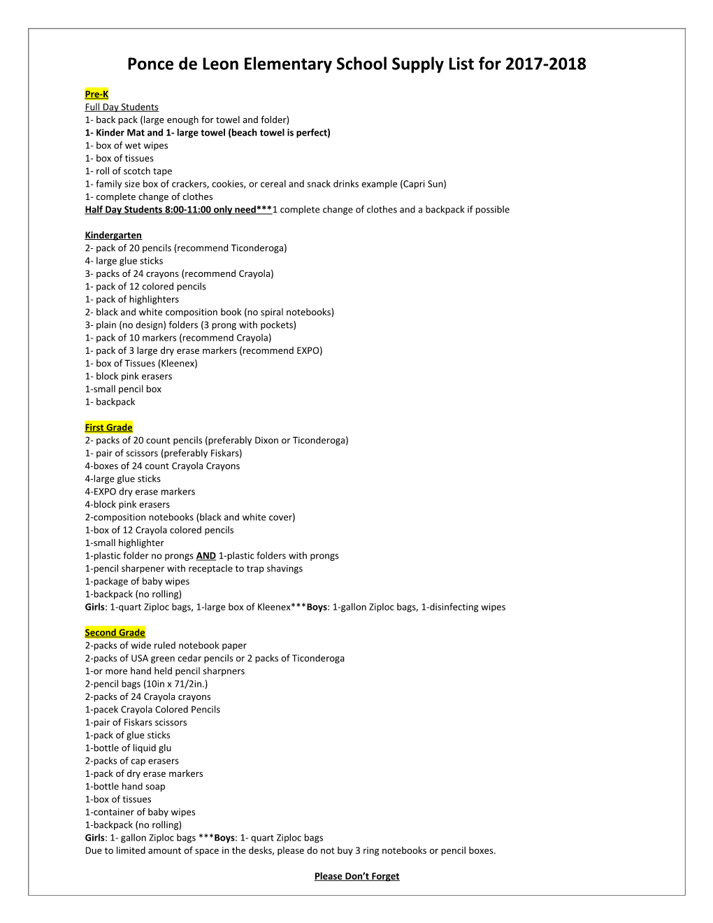 Ponce De Leon Elementary School Supply List for 2017-2018