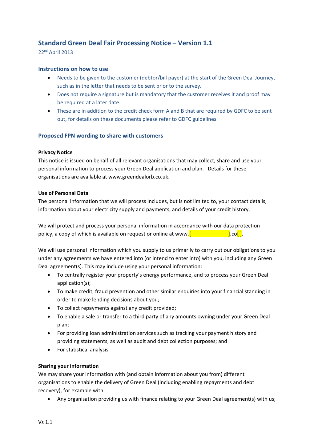 Standard Green Deal Fair Processing Notice Proposed