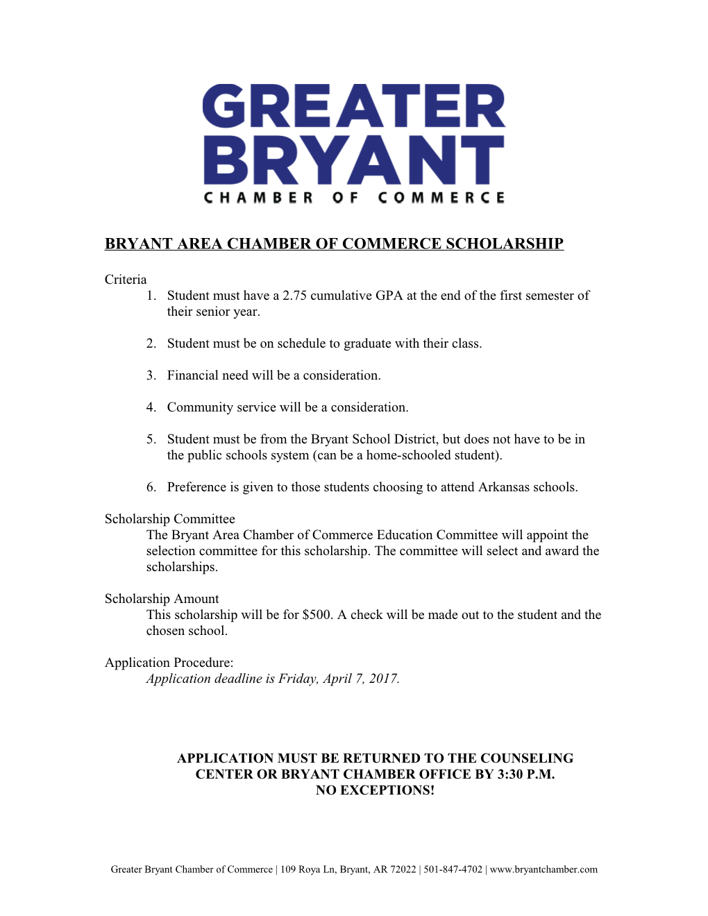 Bryant Area Chamber of Commerce Scholarship