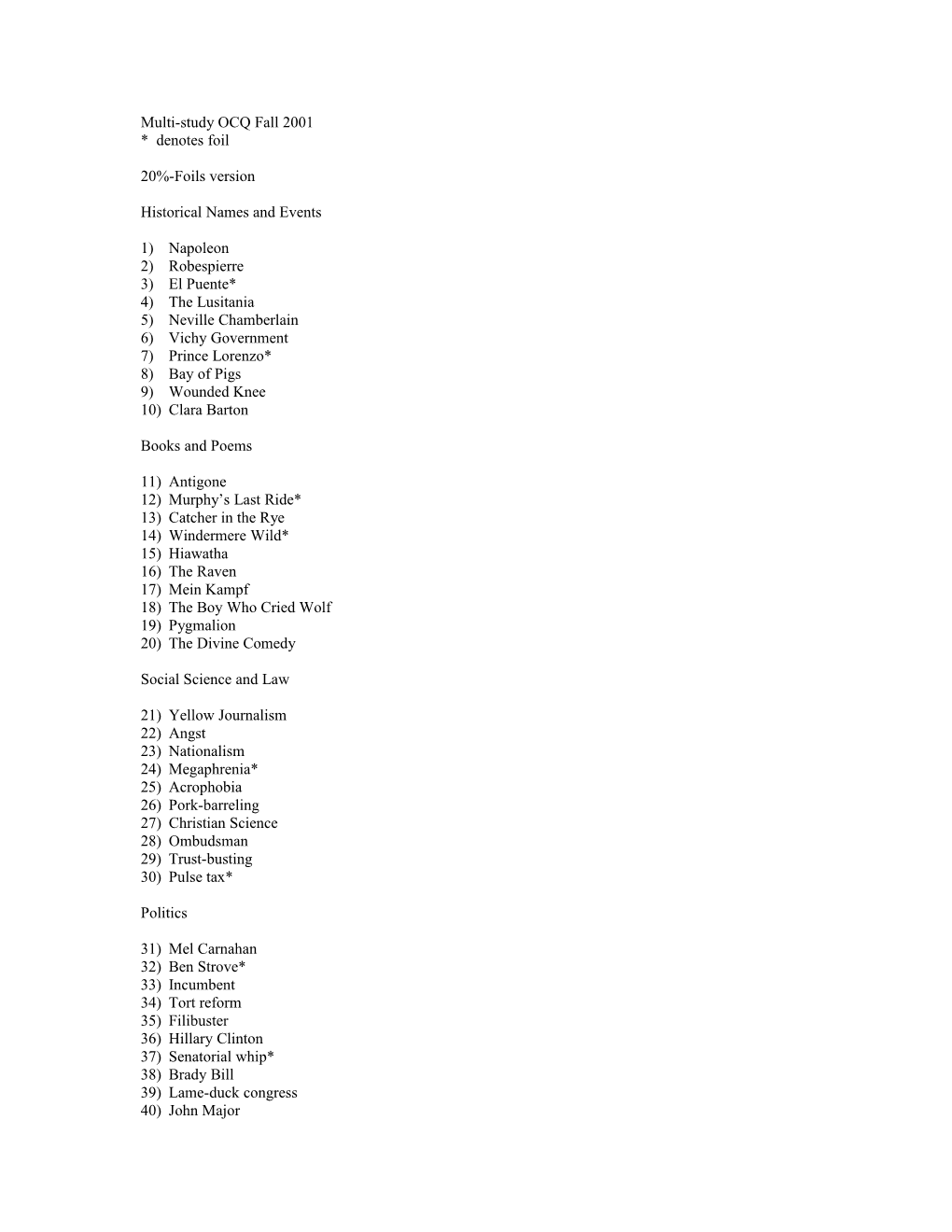 Multi-Study OCQ Fall 2001